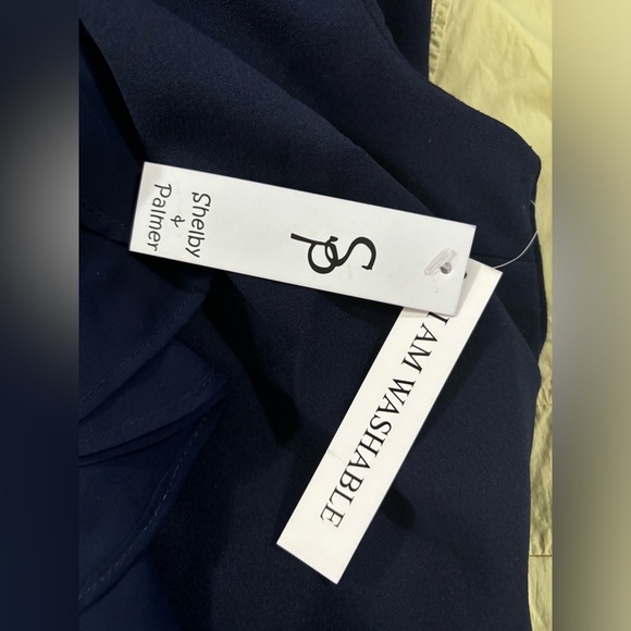 NWT Shelby & Palmer Navy Blue Ruffle Front Chiffon Midi Sheath Dress 12 - Picture 5 of 6